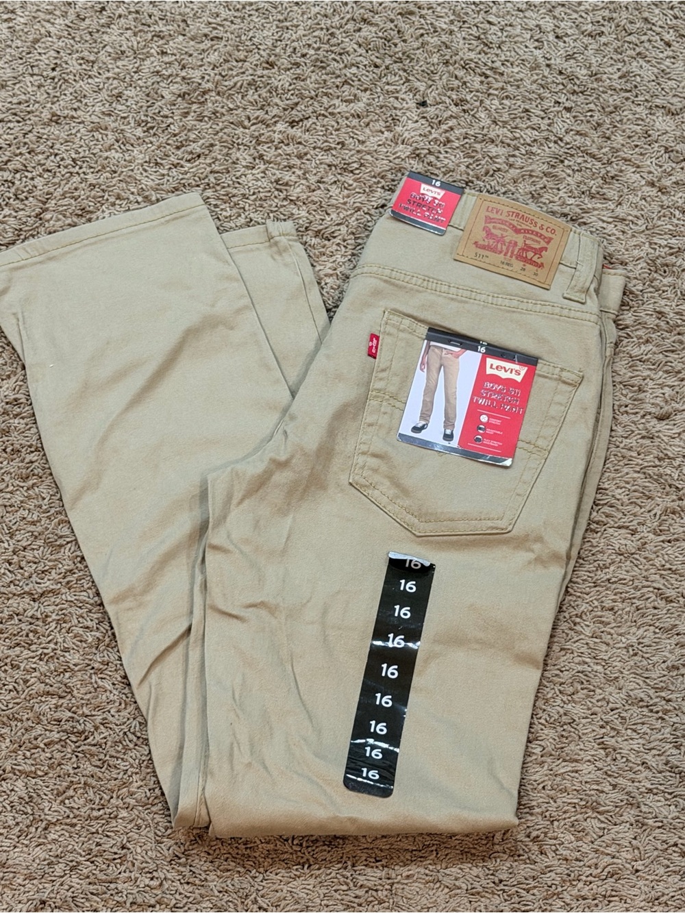 NWT Levi's 511 Slim Boys Size 16 Reg 28 X 30 Tan Beige Khaki Denim Jeans